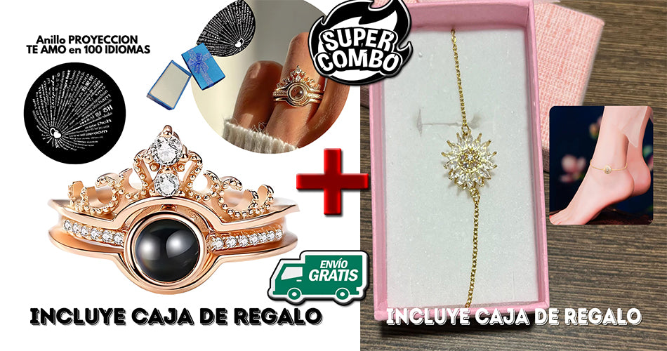 💍 Combo Anillo Te amo 100 idiomas + Tobillera Girasol Giratorio Caja Obsequio 💎